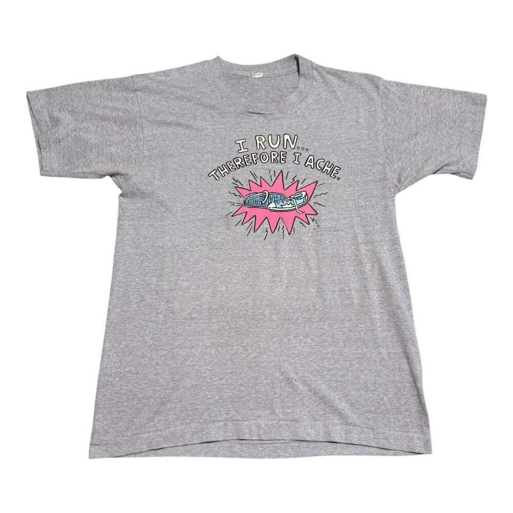 Vintage 80s Screen Stars I Run Therefore‎ I Ache Gray Stained Shirt Adult Medium